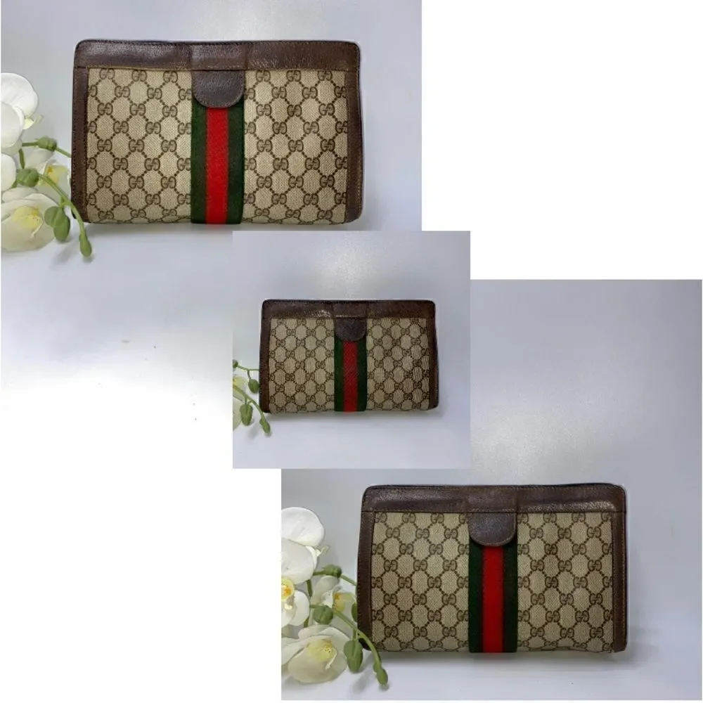 💎Gorgeous💎 Authentic GUCCI Web Sherry Line GG Logo Canvas/Leather Clut…